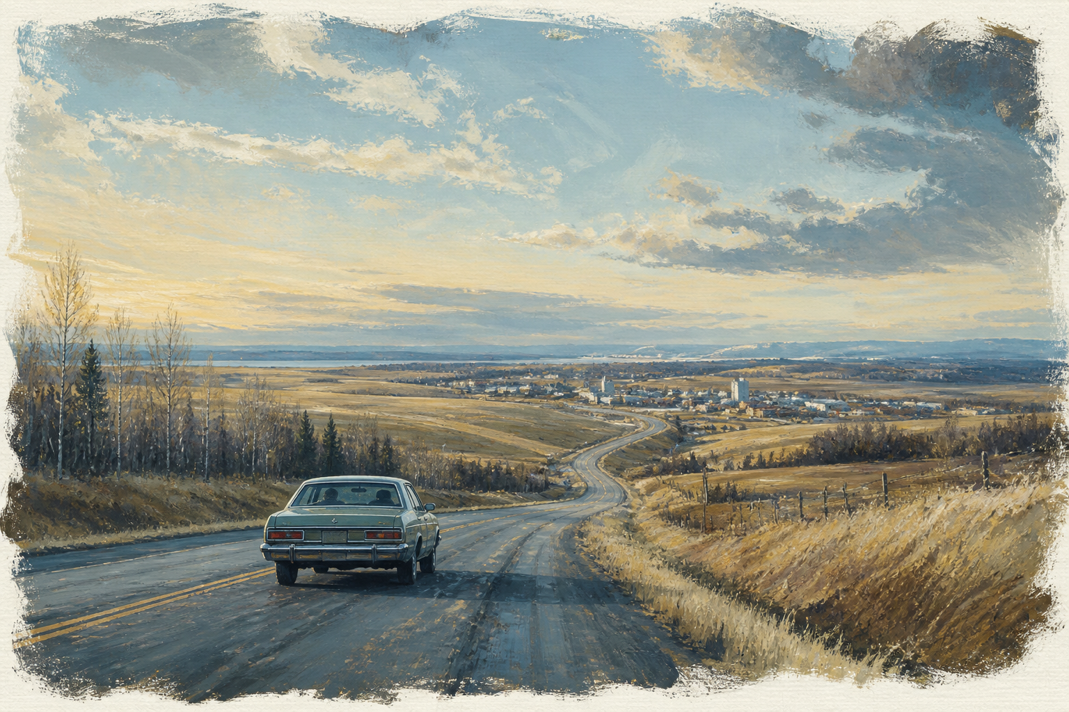 A car travelling through Alberta's Peace Country on an early Chem International sales route.