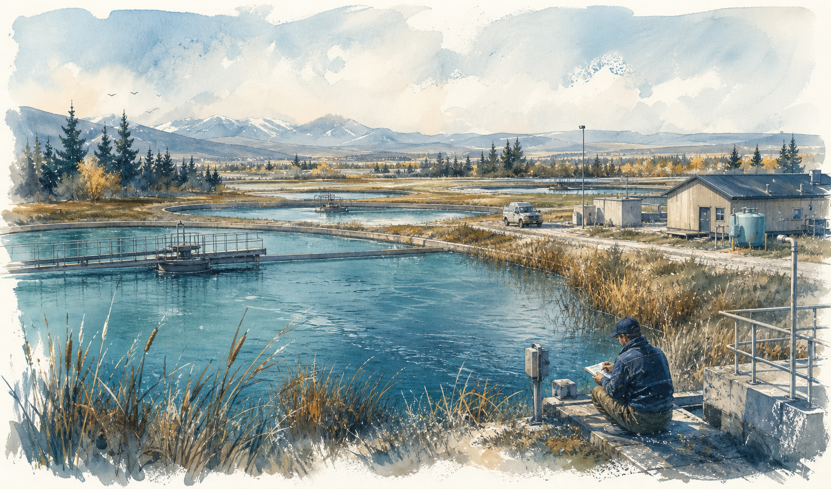 Wastewater fieldwork at a lagoon treatment system.